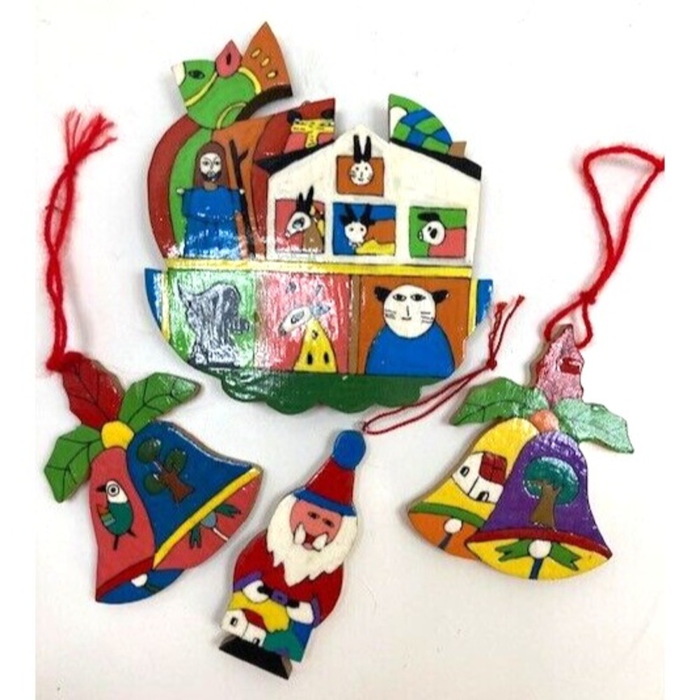 VTG Lot of 4 Handmade Hand Painted Wooden Christmas Ornaments from San Salvador